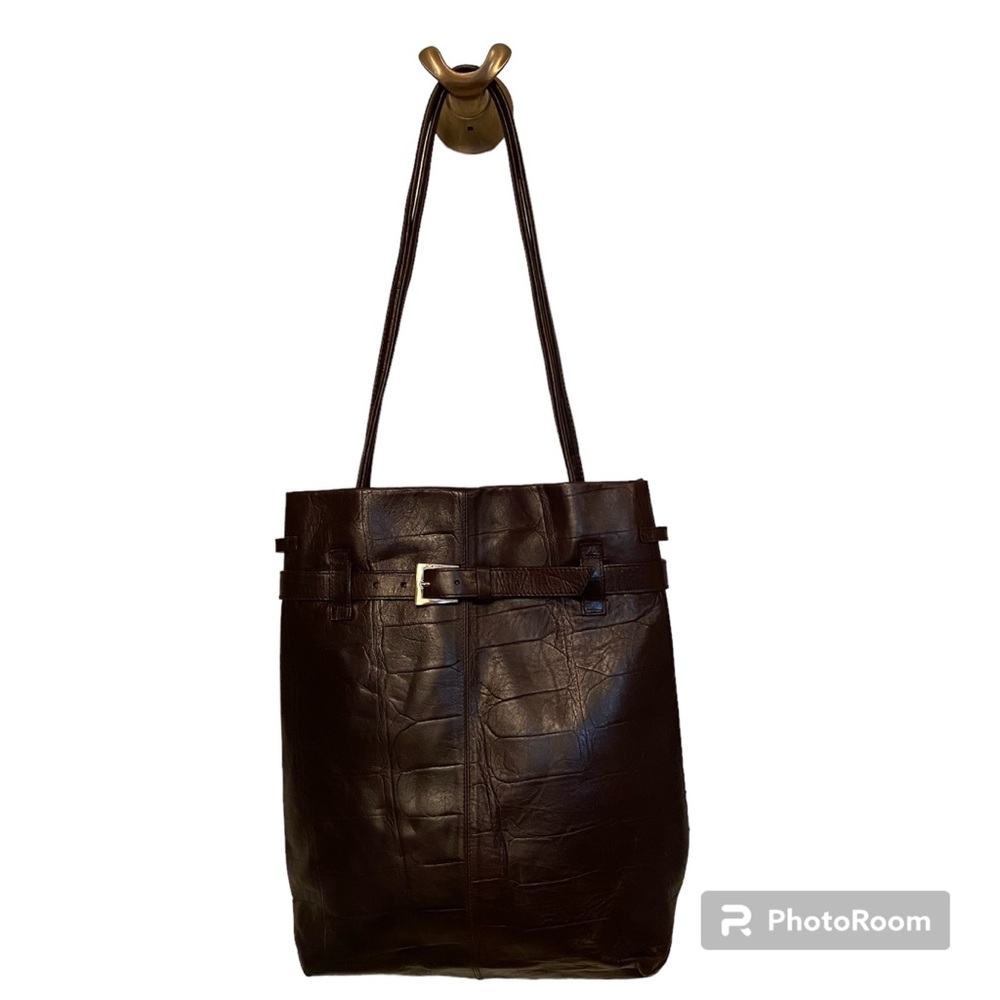 FALOR ITALY SHOULDER BAG TOTE BROWN LEATHER CROCO LOOK 2 STRAP SNAP CLOSE